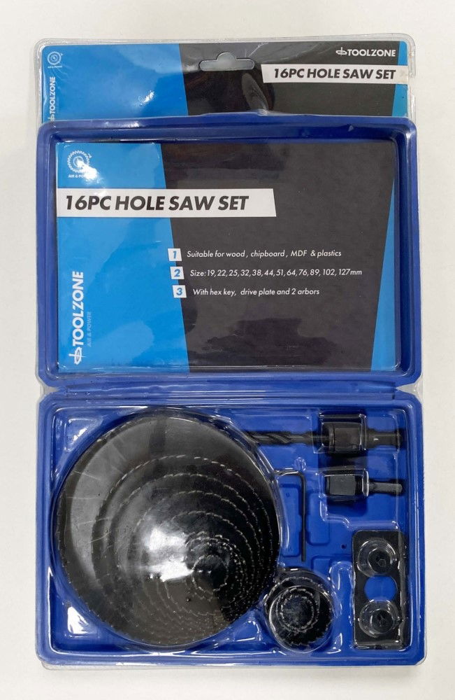 Toolzone Hole Saw Set 16pc Carbon Steel Sizes 19-127mm - Toolzone Kdphs034