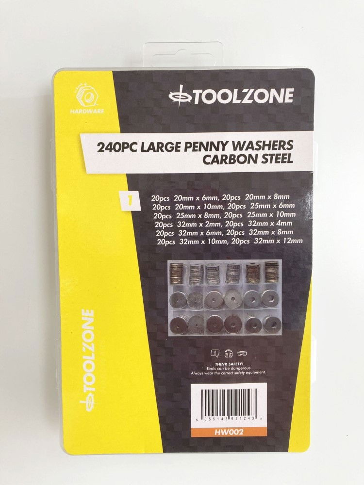 Toolzone Penny Washers Set 240pc Carbon Steel Sizes 2-32mm - Toolzone Kdphw002