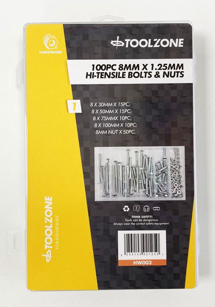 Toolzone Bolts and Nuts Assortment 100pc 8mm M8 1.25mm Pitch - Toolzone Kdphw003