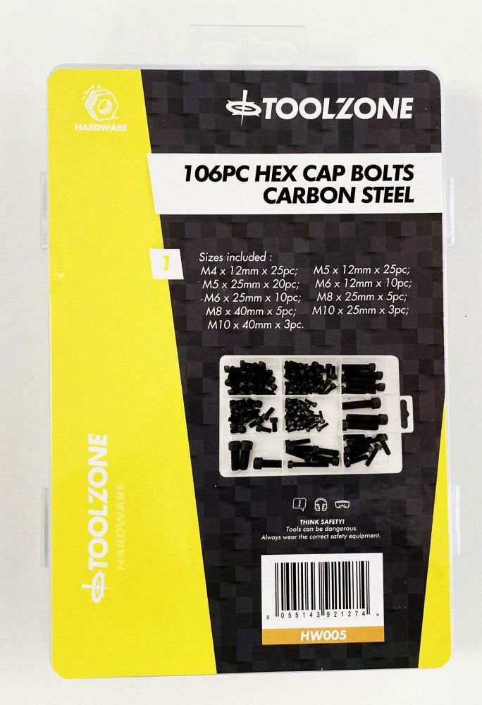 Toolzone Hex Cap Bolts Assortment 106pc Carbon Steel M4-m10 - Toolzone Kdphw005