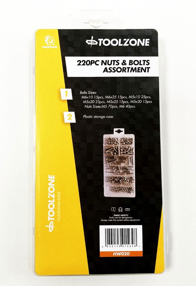Toolzone Nuts and Bolts Assortment 220pc M5-m6 Various Lengths - Toolzone Kdphw020