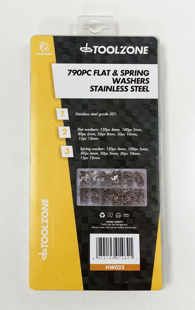Toolzone Flat and Spring Washers Assortment 790pc Stainless Steel 4-12mm - Toolzone Kdphw025