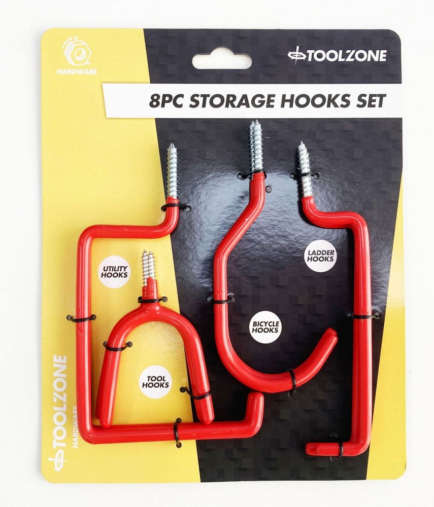 Toolzone Storage Hook Set 8pc Red Pvc Coated Assorted Shapes - Toolzone Kdphw061