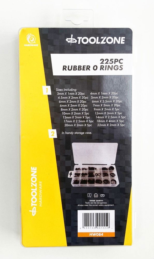 Toolzone Rubber O Ring Assortment 225pc in Poly Box - Toolzone Kdphw084
