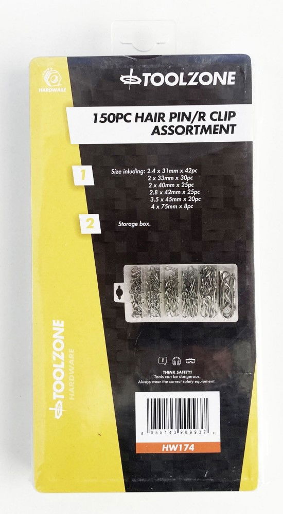 Toolzone Hair Pin R Clip Assortment 150pc in Storage Box - Toolzone Kdphw174