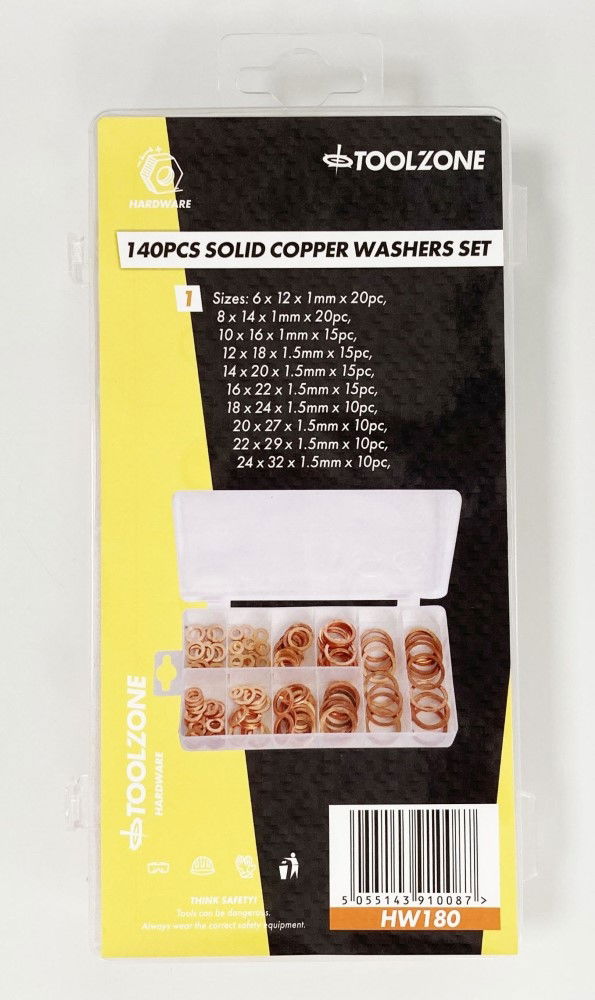 Toolzone Copper Washer Assortment 140pc Solid in Storage Box - Toolzone Kdphw180
