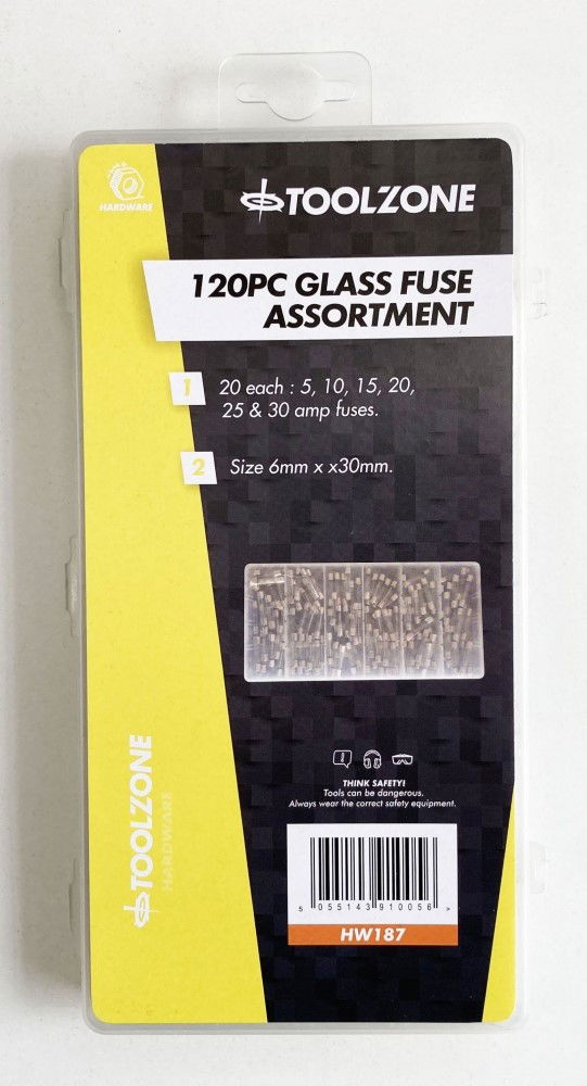 Toolzone Glass Fuse Assortment 120pc 6x30mm in Storage Box - Toolzone Kdphw187