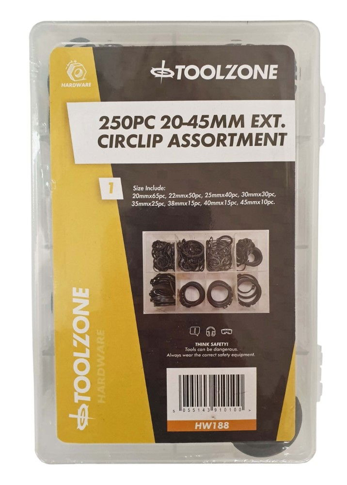 Toolzone External Circlip Assortment 250pc 20-45mm in Storage Box - Toolzone Kdphw188