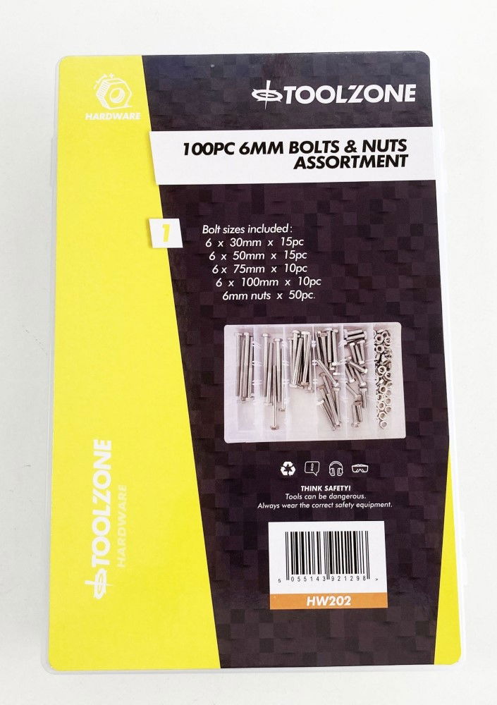 Toolzone Bolt and Nut Assortment M6 100pc in Storage Box - Toolzone Kdphw202