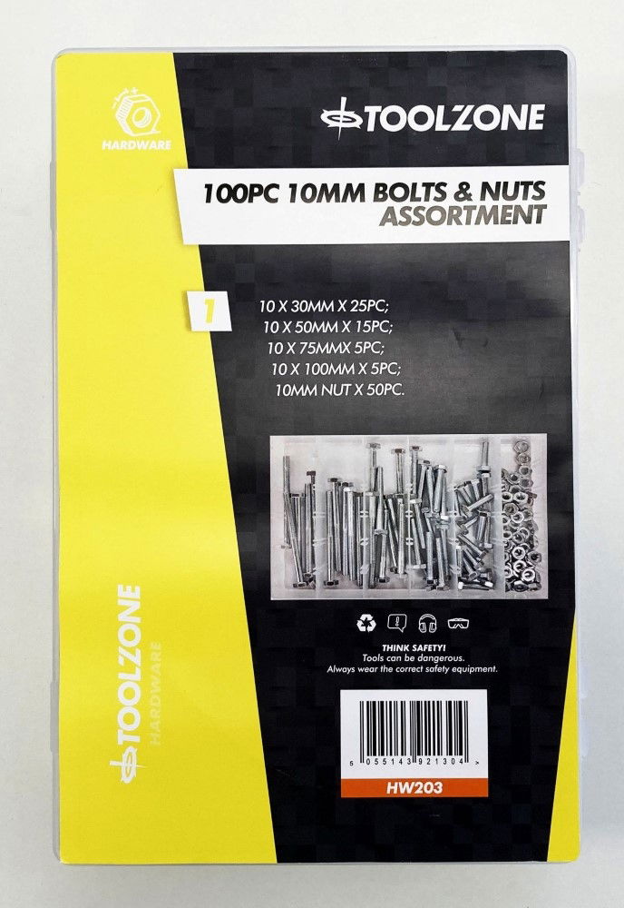 Toolzone Bolt and Nut Assortment M10 100pc in Storage Box - Toolzone Kdphw203