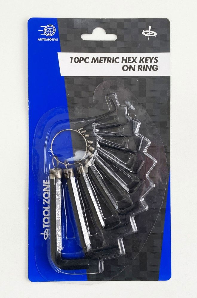 Toolzone Hex Key Set Metric 10pc 1.5-10mm on Ring Carbon Steel - Toolzone Kdphx018