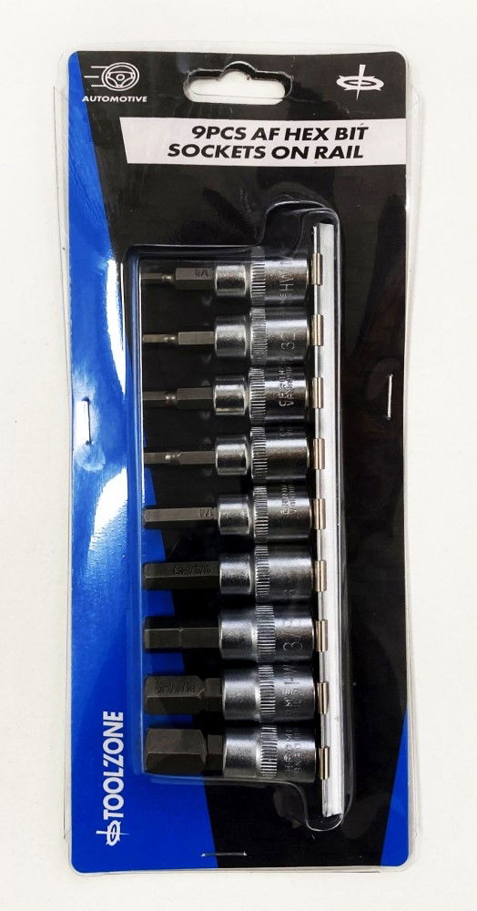 Toolzone Hex Key Set Af 3/8 Drive 9pc on Rail Chrome Vanadium - Toolzone Kdphx054