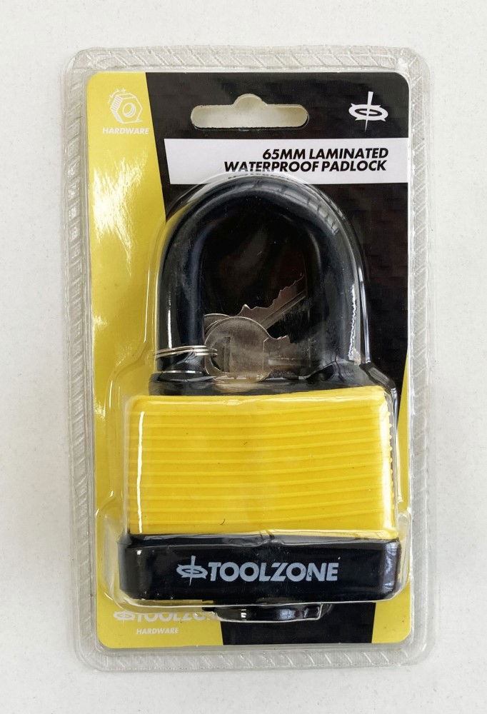 Toolzone Padlock Laminated Weatherproof 65mm Shackle 8mm with 3 Keys - Toolzone Kdplk007