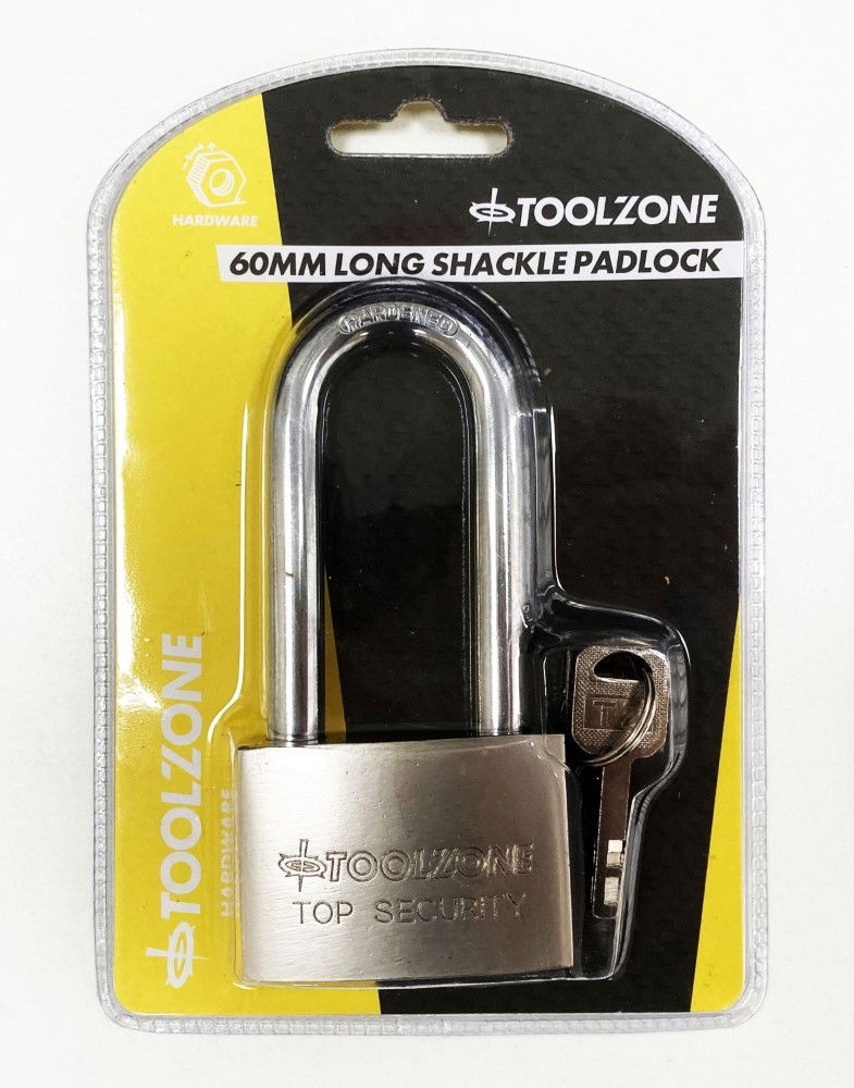 Toolzone Padlock Long Security 60mm Solid Steel with 4 Keys - Toolzone Kdplk024