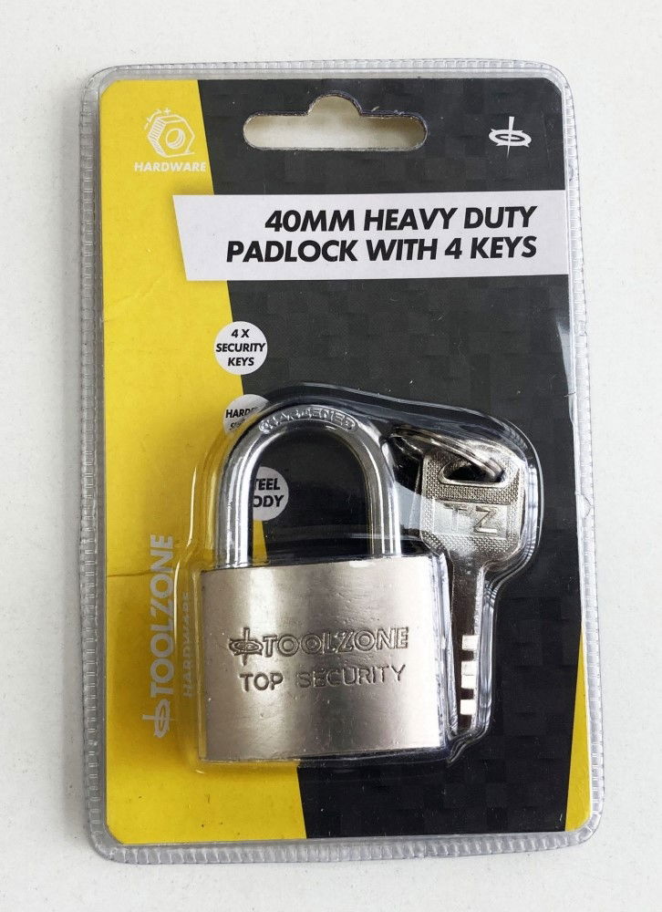 Toolzone Padlock Security 40mm Solid Steel with 4 Keys - Toolzone Kdplk025
