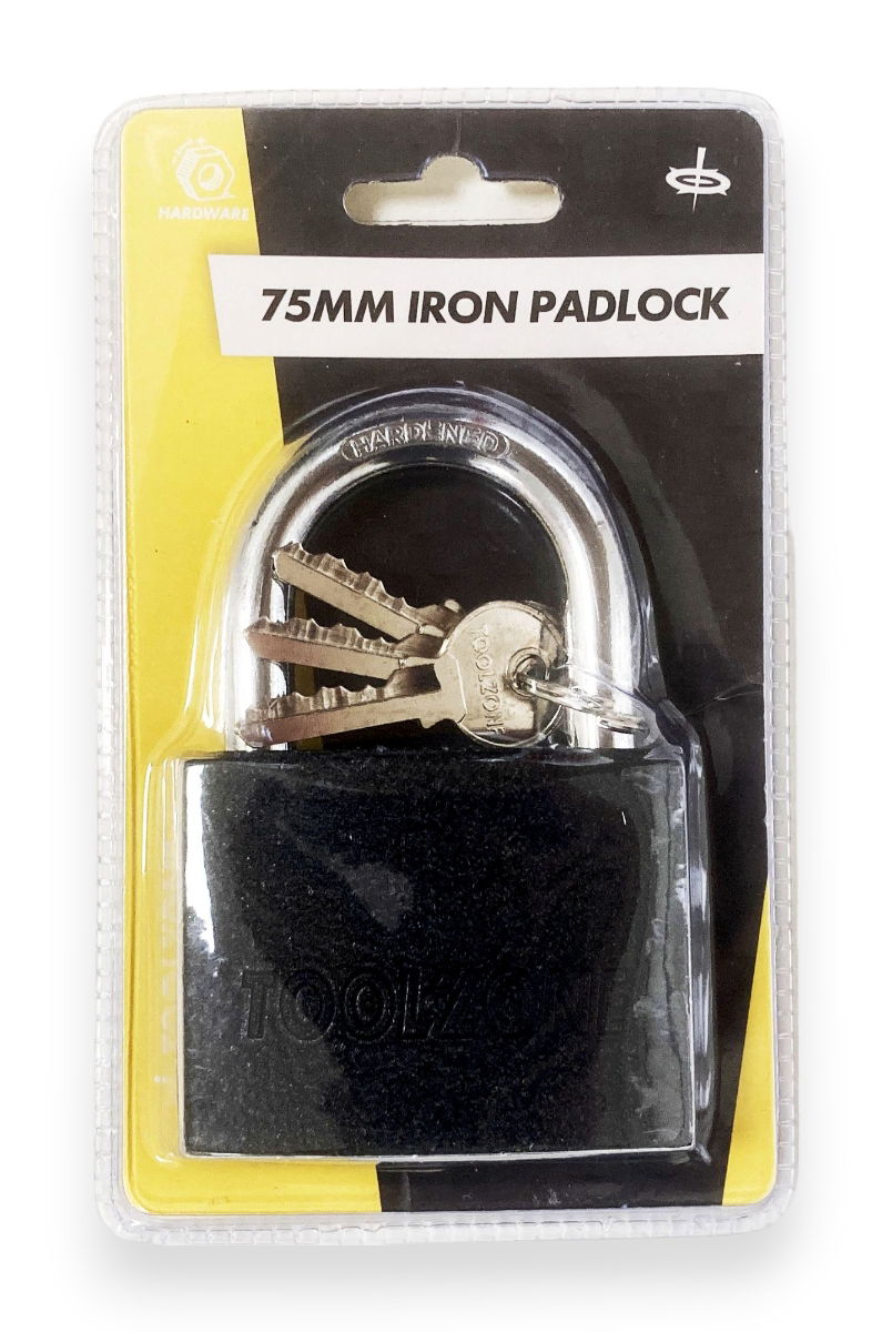 Toolzone Padlock Iron 75mm Hardened Shackle Brass Core with 3 Keys - Toolzone Kdplk112