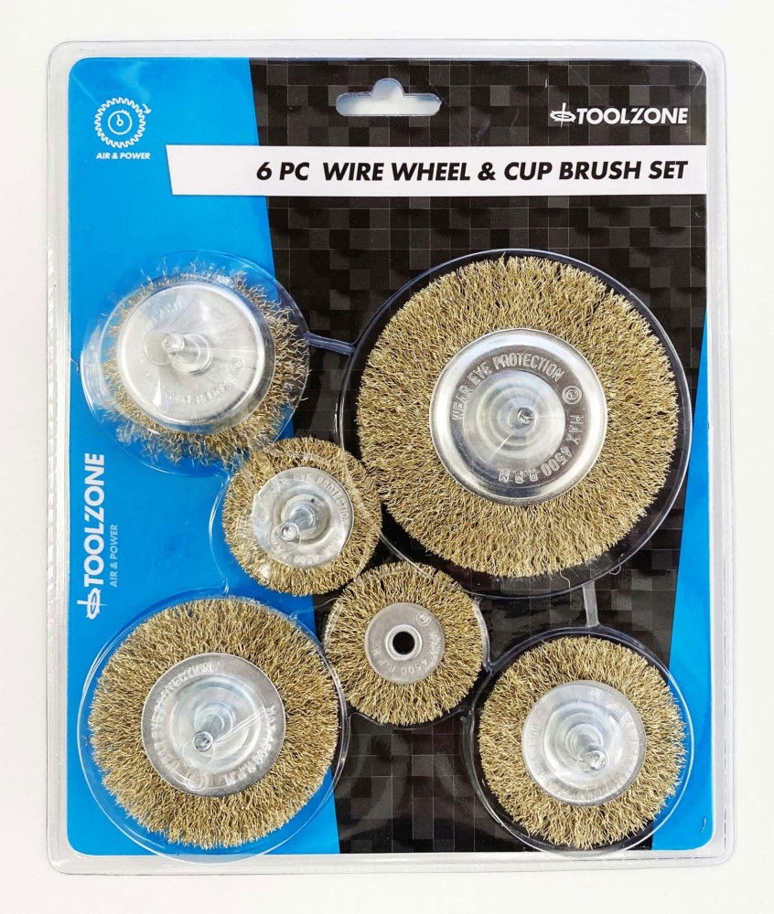 Toolzone Rotary Wire Wheel and Cup Brush Set 6 Piece 38/50/63/75mm 6mm Shank - Toolzone Kdppa083