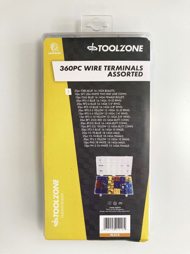 Toolzone Wire Terminals Assortment Box 360pc Brass 12-10ga 16-14ga 22-16ga - Toolzone Kdppl312