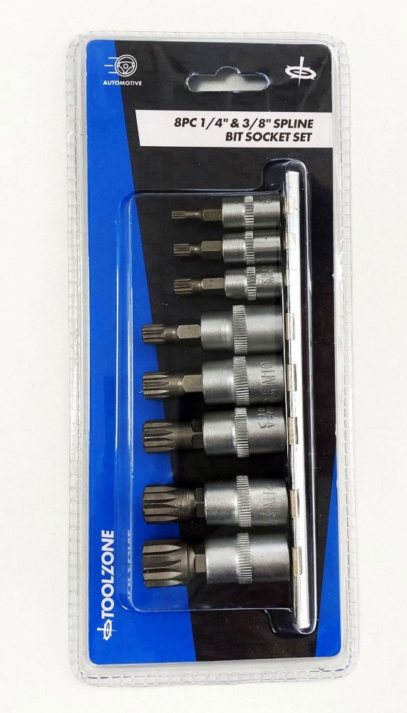 Toolzone Spline Bit Socket Set 8pc 1/4 3/8 Drive M4-m16 on Rail - Toolzone Kdpsd079