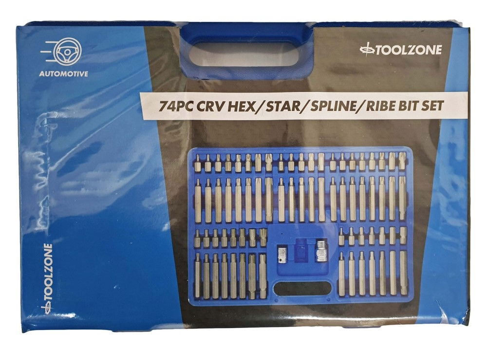 Toolzone Bit Set 74pc Crv Hex Star Spline Ribe 30mm 75mm - Toolzone Kdpsd099