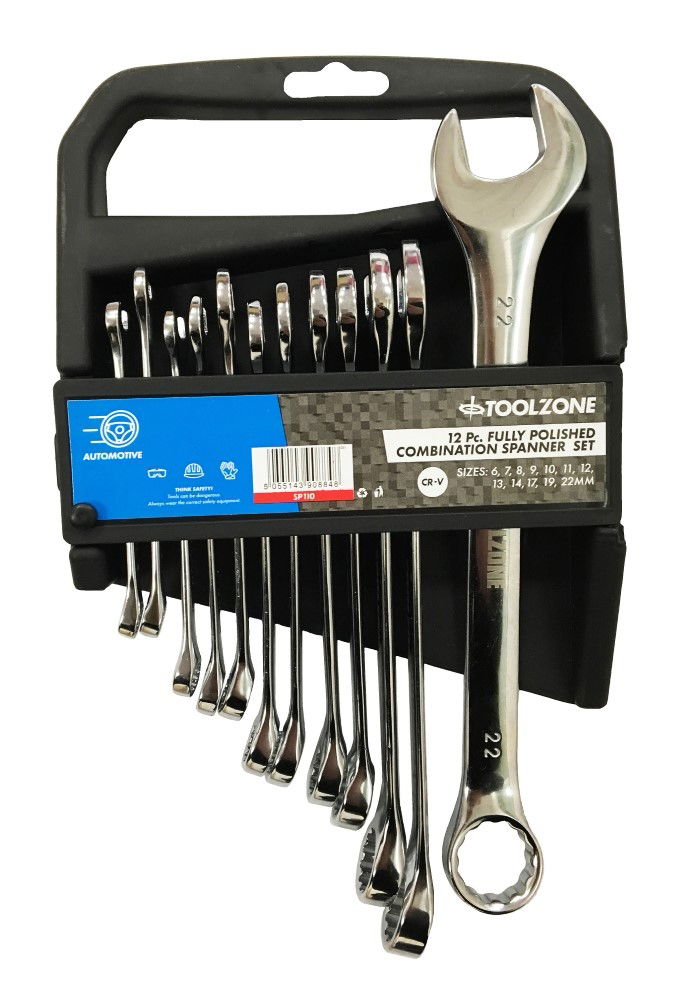 Toolzone Combination Spanner Set 12pc 6 to 22mm Polished Chrome Vanadium - Toolzone Kdpsp110