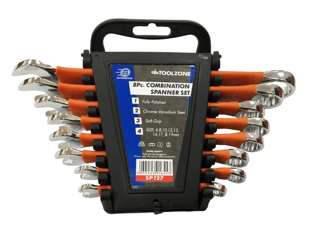 Toolzone Combination Spanner Set 8pc Softgrip Chrome Vanadium Polished Finish - Toolzone Kdpsp127