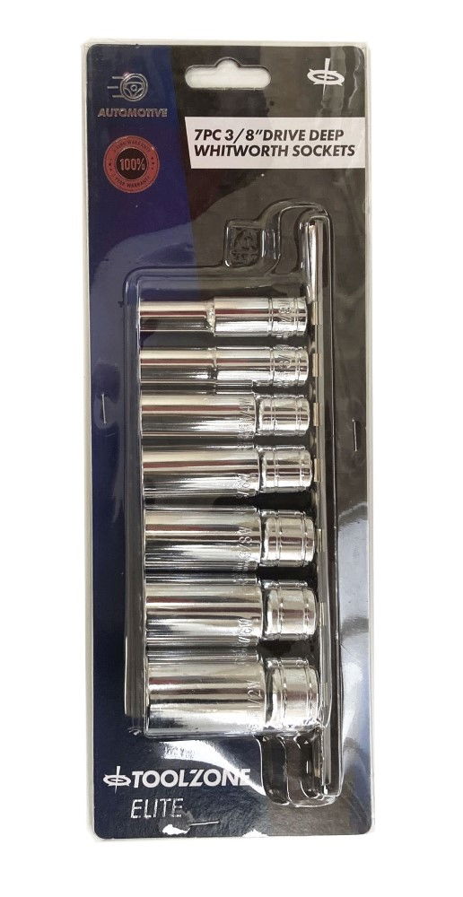 Toolzone Deep Socket Set 3/8 Drive 7pc Whitworth 1/8-1/2ww Crv on Rail - Toolzone Kdpss019