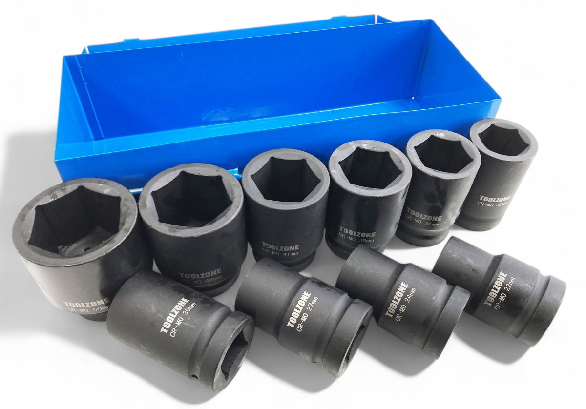 Toolzone Impact Socket Set 1 Drive Deep 10pc 22-50mm Chrome Molybdenum - Toolzone Kdpss033