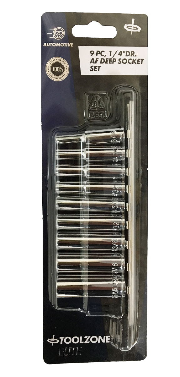 Toolzone Socket Set 1/4 Drive Deep Af 9pc 3/16-1/2 Crv Polished - Toolzone Kdpss035