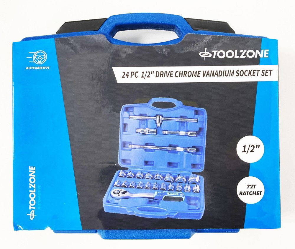 Toolzone Socket Set 1/2 Drive Pro Crv 24 Pieces 10-24mm 27mm 30mm 32mm - Toolzone Kdpss108