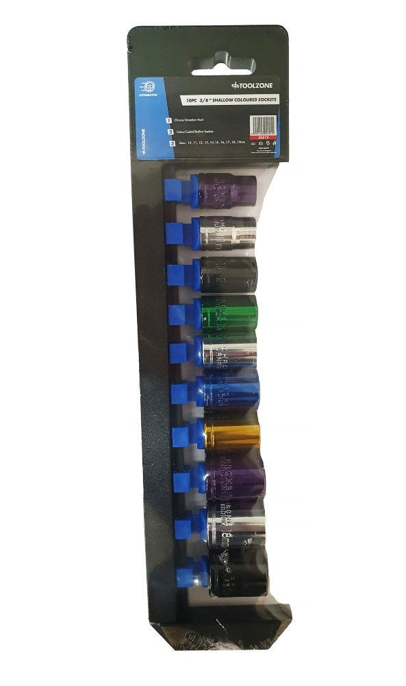Toolzone Socket Set 10 Pieces 3/8 Drive mm Crv Colour Coded 10mm-19mm - Toolzone Kdpss312