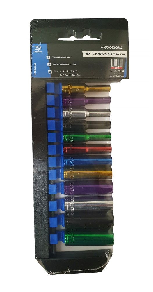 Toolzone Deep Socket Set 12 Pieces 1/4 Drive mm Crv Colour Coded 4mm-13mm - Toolzone Kdpss314