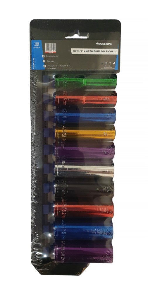 Toolzone Deep Socket Set 10 Pieces 1/2 Drive mm Crv Colour Coded 13mm-24mm - Toolzone Kdpss316