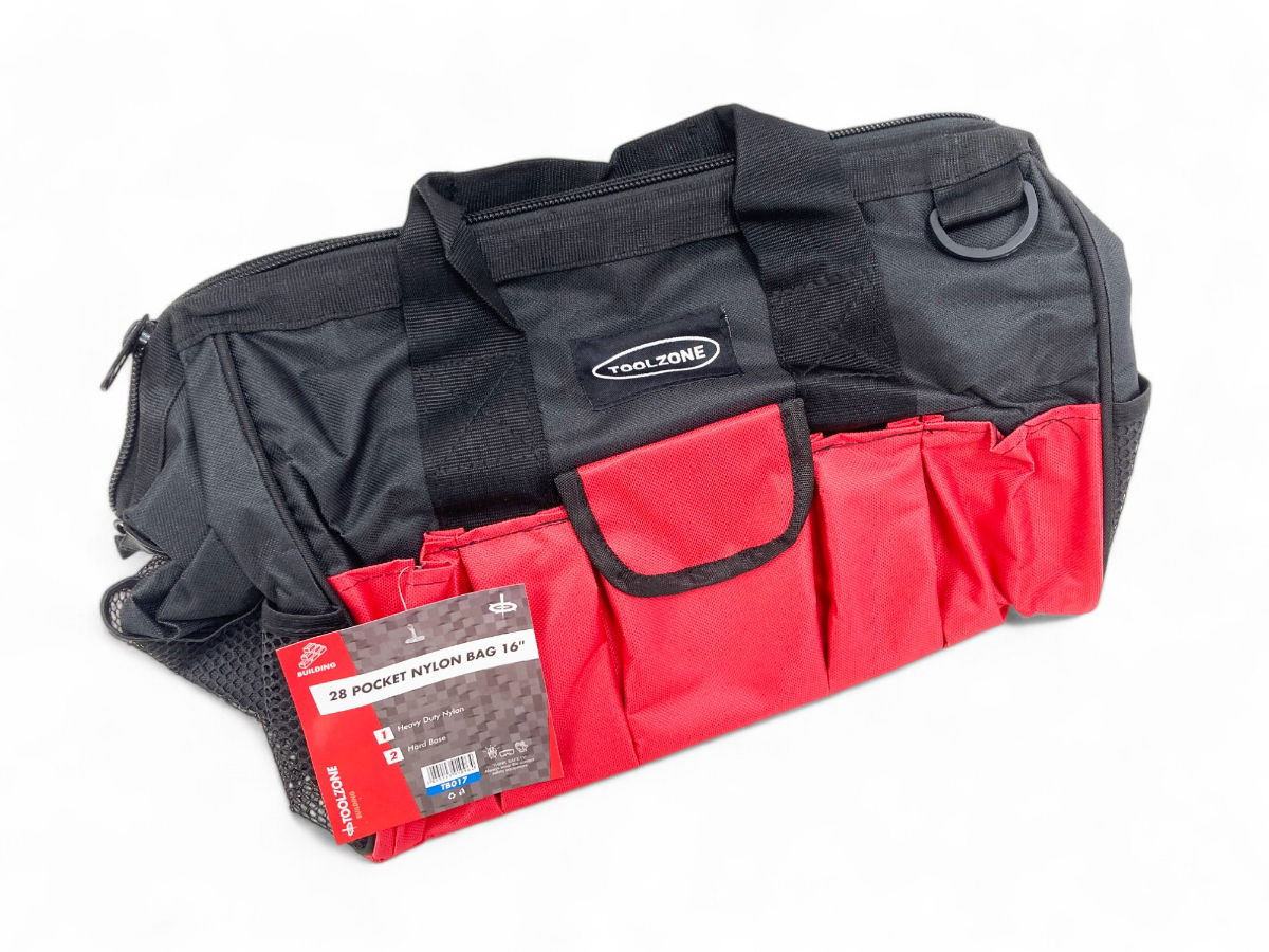 Toolzone Tool Bag 16 28 Pockets Hard Base Nylon Red and Black - Toolzone Kdptb017