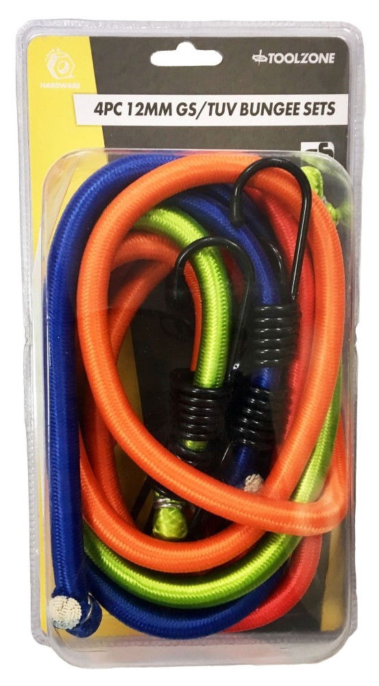 Toolzone Bungee Set 4pc Assorted 12mm 600mm 900mm 1200mm 1500mm - Toolzone Kdptd006