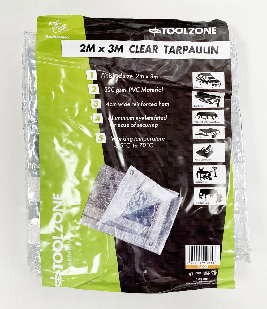 Toolzone Pvc Tarpaulin Clear 2m X 3m 320gsm with Aluminium Grommets - Toolzone Kdptl025