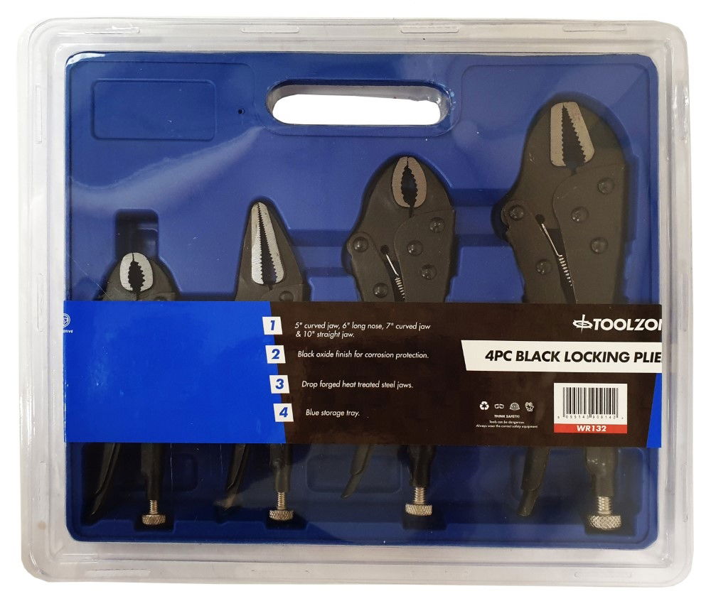 Toolzone Lock Pliers Set Black 4 Piece 5 7 Curved Jaw 6 Long Nose 10 Straight Jaw - Toolzone Kdpwr132