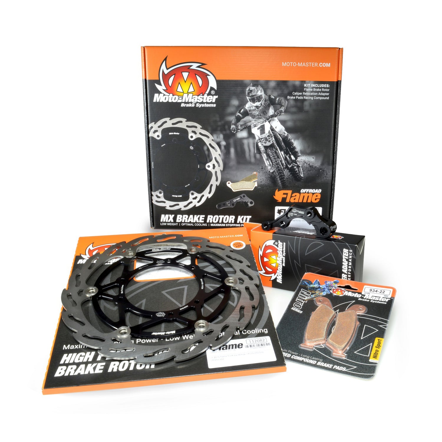 The Moto-Master Flame 270mm Brake Kit includes:<br>Flame MX 270mm front rotor, Billet caliper bracket and Moto-Master Nitro Sport bra...