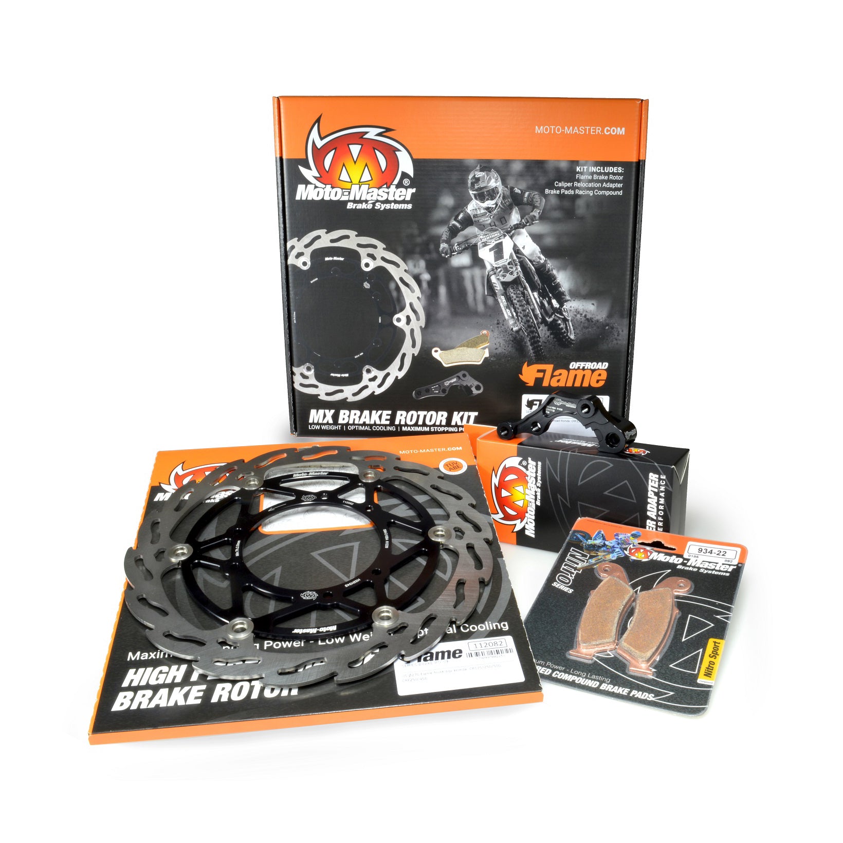 The Moto-Master Flame 270mm Brake Kit includes:<br>Flame MX 270mm front rotor, Billet caliper bracket and Moto-Master brake pads