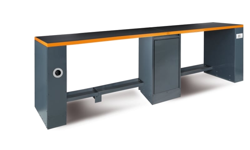 Double 4m Workbench with Central Leg, Shockproof PVC Worktop, Built-In Sockets, Hose Reel, Adjustable Feet, 4100x700mm - BetaRSC55 C55PRO-BG/D4