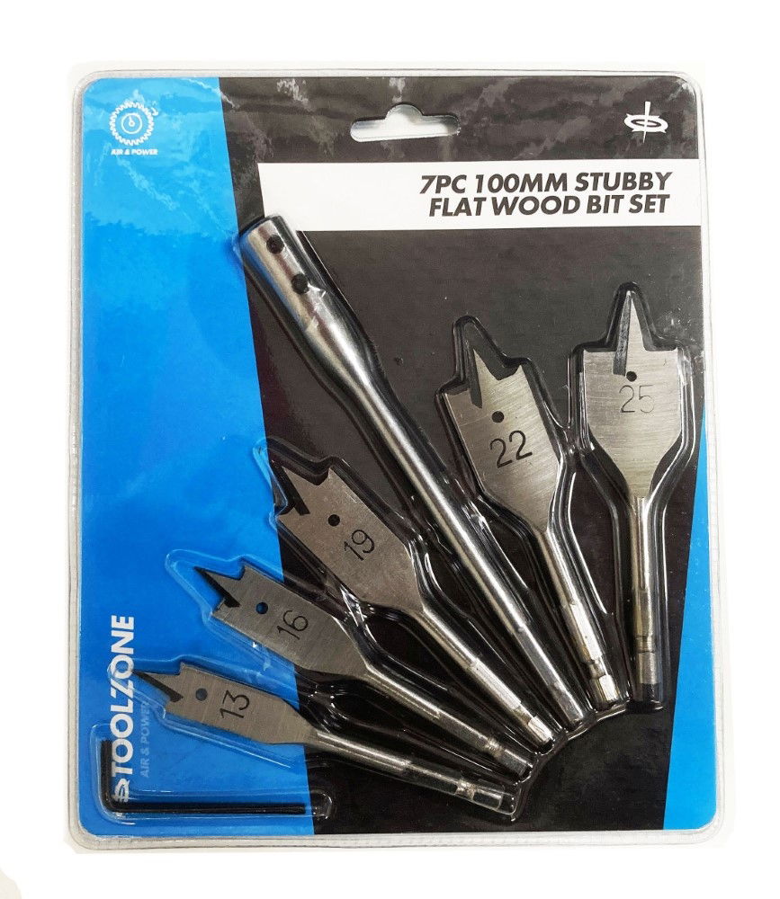Toolzone Wood Bit Set Stubby Flat 7PC 100MM With Extension And Key - Toolzone KDPDR066
