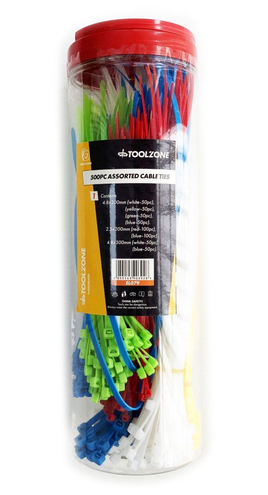 Toolzone Cable Ties Mixed Large 500PC 5 Colours 2.5x180mm 4.8x190mm 4.8x300mm - Toolzone KDPEL079
