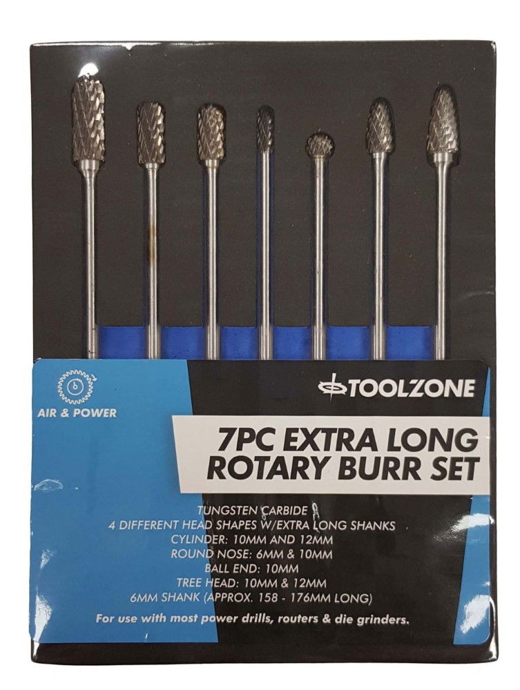 Toolzone Tungsten Carbide Rotary Burrs Set 7 Piece Extra Long 6MM Shank - Toolzone KDPHB096