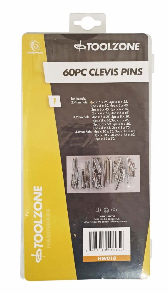 Toolzone Clevis Pins Assortment 60PC Chrome Vanadium Zinc Plated Various Sizes - Toolzone KDPHW018