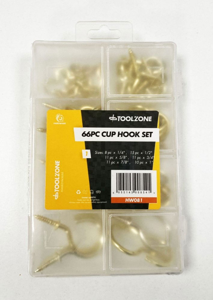 Toolzone Cup Hooks Assorted Set 66PC Brass Coated 1/2"-1 1/4" - Toolzone KDPHW081