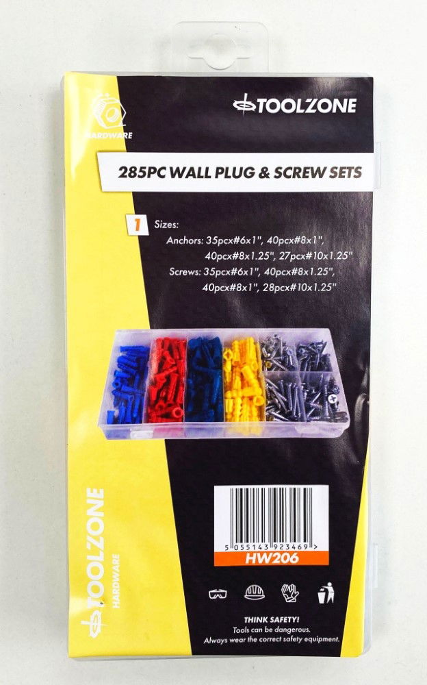 Toolzone Wall Plug And Screw Assortment 285PC In Storage Box - Toolzone KDPHW206