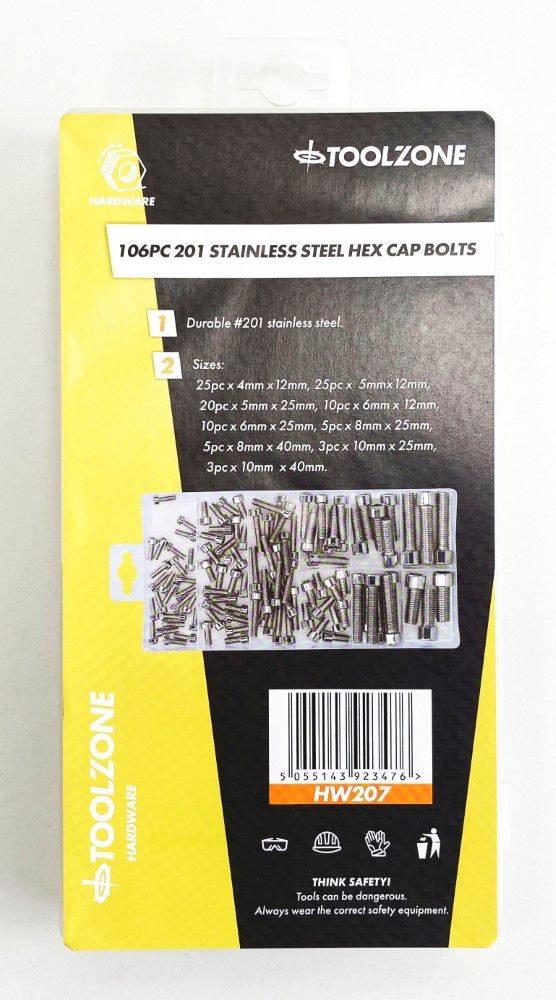 Toolzone Hex Cap Bolt Assortment Stainless Steel 201 106PC In Storage Box - Toolzone KDPHW207