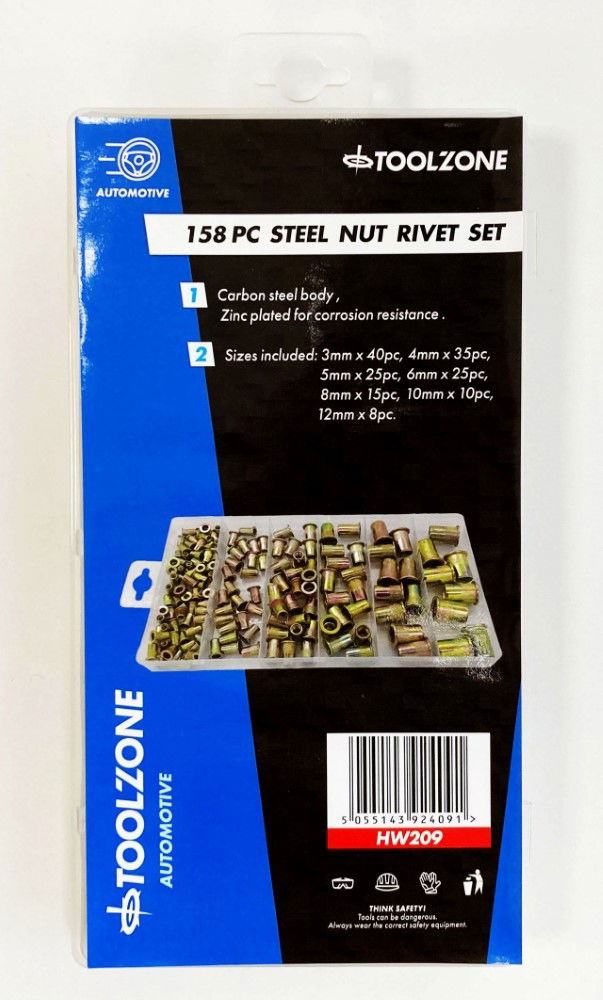 Toolzone Rivet Nut Assortment Steel Flange Head 158PC In Storage Box - Toolzone KDPHW209