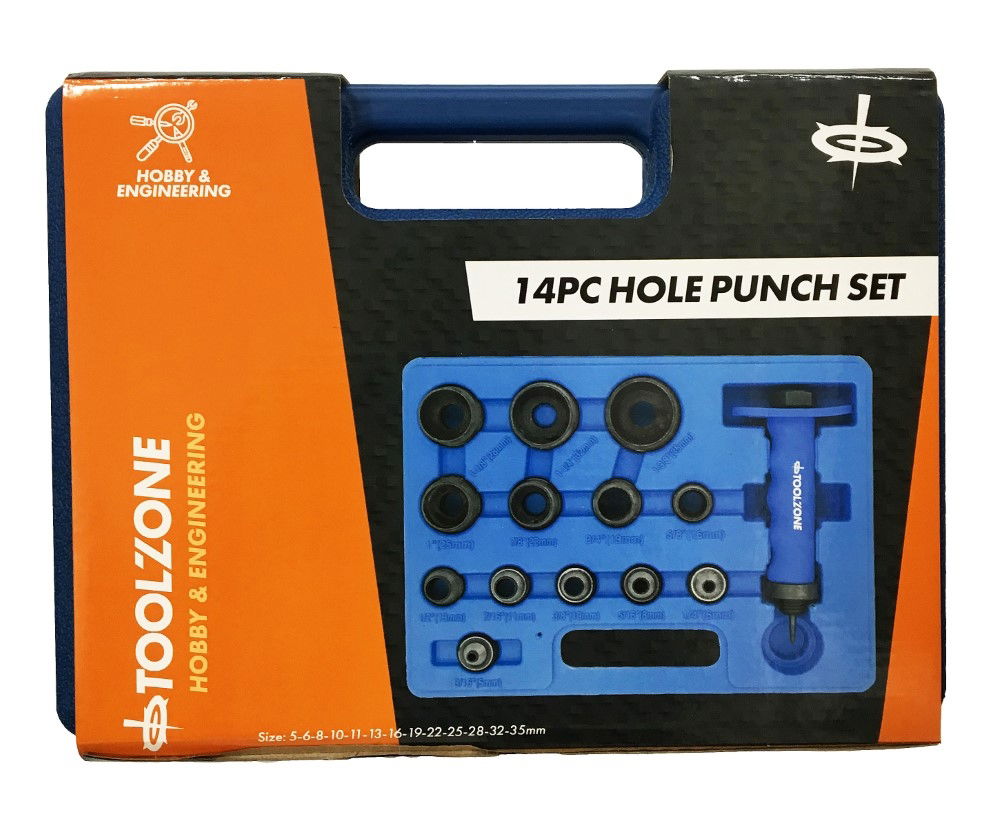 Toolzone Hole Punch Set 14PC 5-35MM Hardened Tempered Black Finish In Case - Toolzone KDPPN166