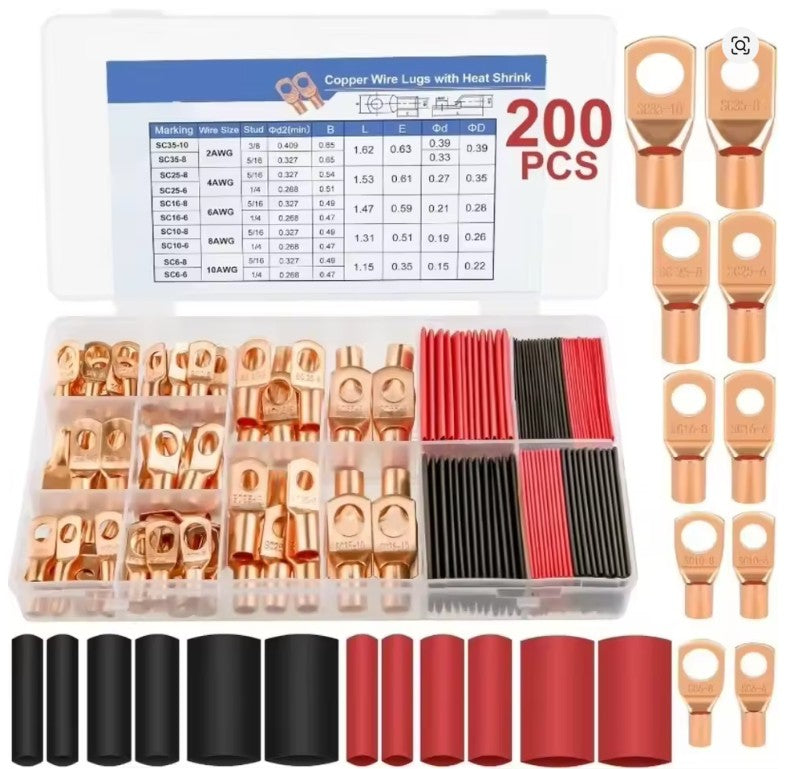 Dirt Racing 200PCS Copper Ring Battery Cable Lugs Terminal Connectors with Red and Black Heat Shrink Tubes